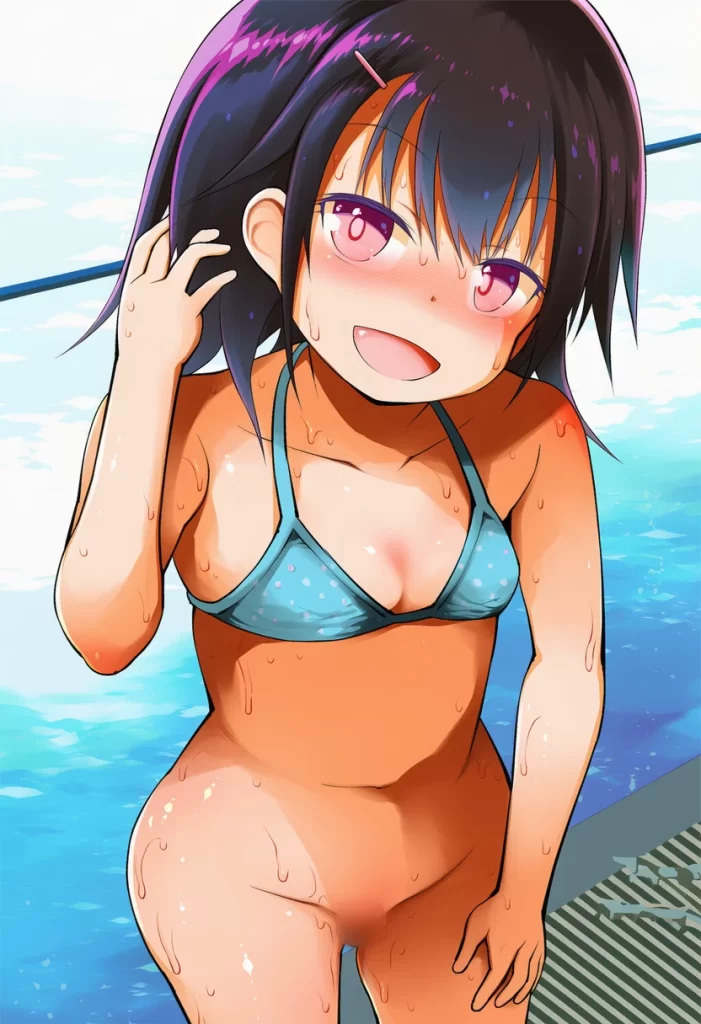 根岸めぐ: a girl, pool, bikini, bottomless, head tilt, smile, nsfw, va