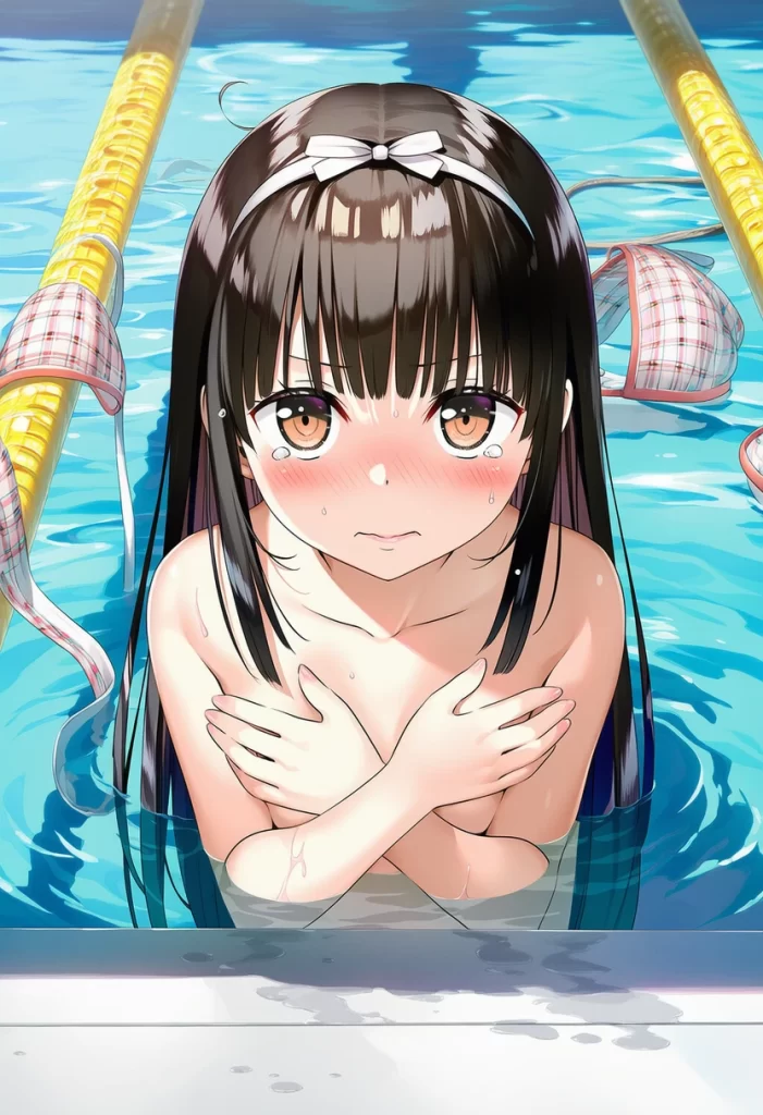 氷室みゆ: a girl, pool, topless, her chest is under the water, {{{{{