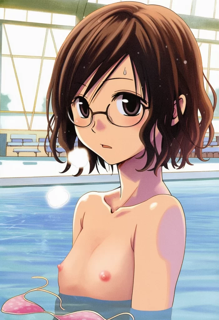 清華みのり: a girl, pool, topless, nipples, her stomach is under the wat