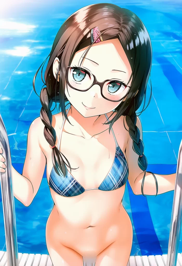 夜月たかね: a girl, pool, bikini, bottomless, head tilt, smile, nsfw, va