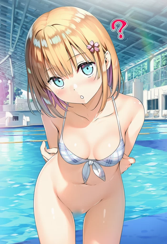 七種（ちいぐさ）いろは: a girl, pool, bikini, bottomless, head tilt, nsfw, vagina, s