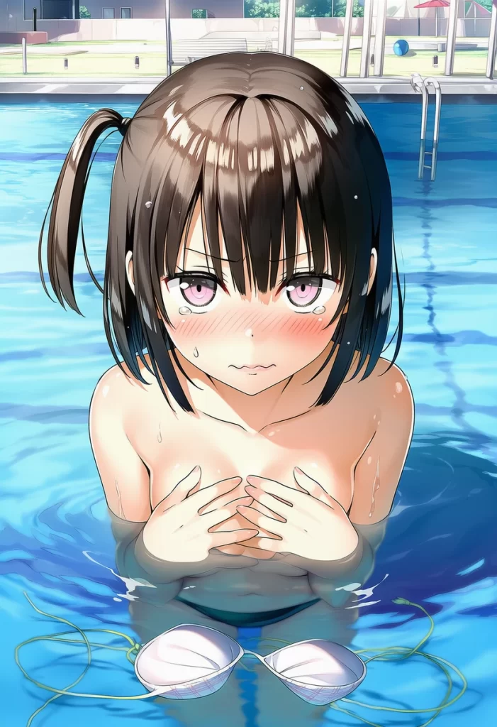 真理谷なつめ: a girl, pool, topless, her chest is under the water, {{{{{