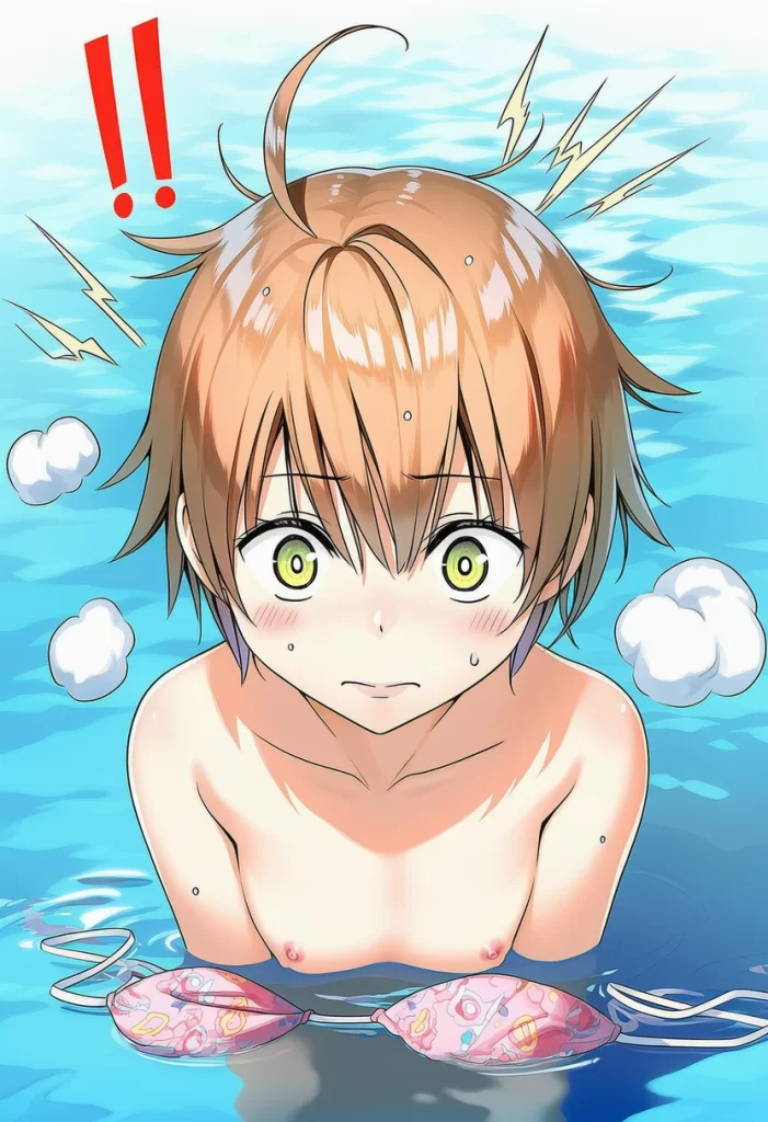 日向寺りり: a girl, pool, topless, nipples, her stomach is under the wat