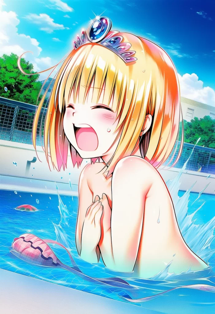 エレナ・ライトフォール: a girl, pool, topless, her stomach is under the water, {{{
