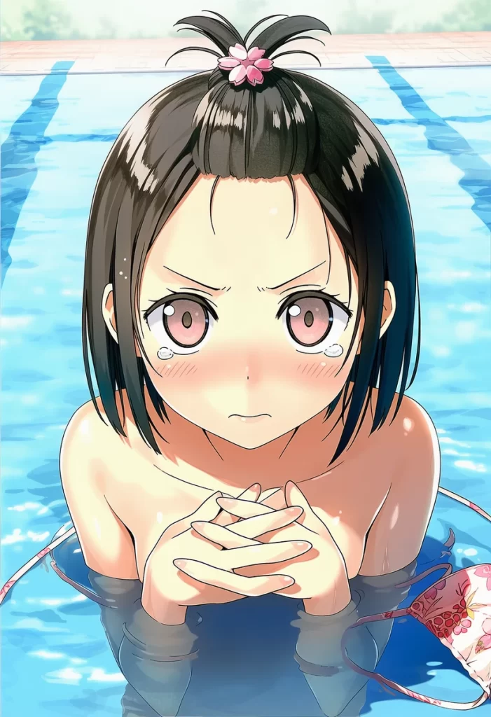 日和佐のの: a girl, pool, topless, her chest is under the water, {{{{{