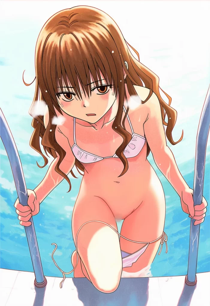 羽井あやね: a girl, pool, She is grabbing the handrail to climb out of t