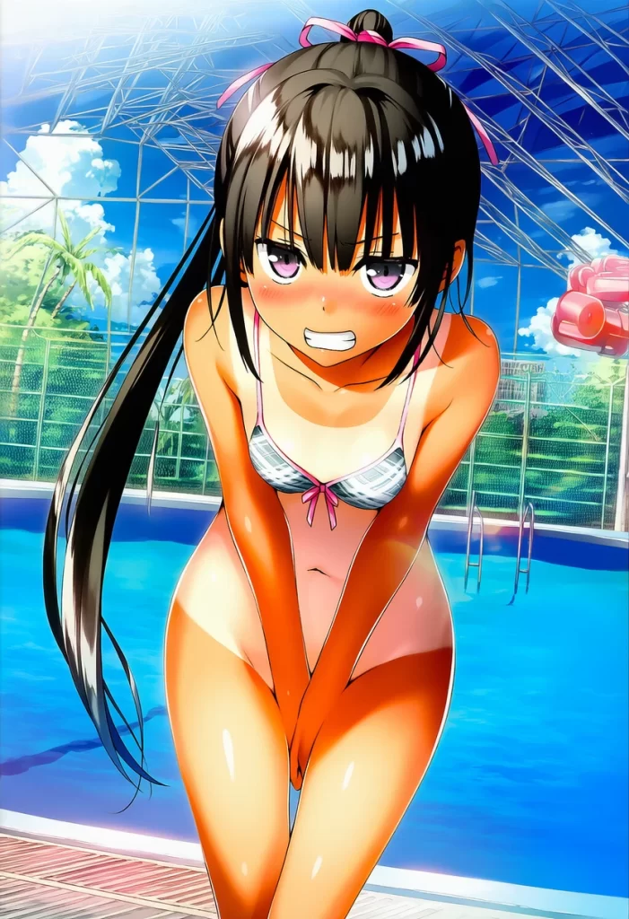 小柳出るな: a girl, pool, bikini, bottomless, head tilt, stands beside a
