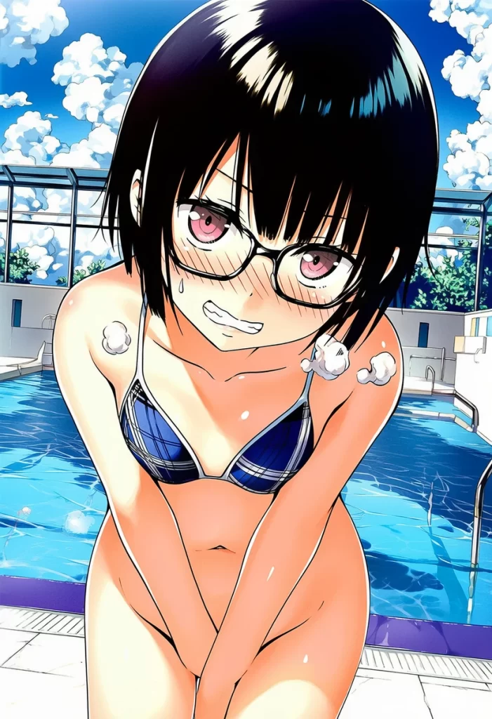 風羽みさき: a girl, pool, bikini, bottomless, head tilt, stands beside a