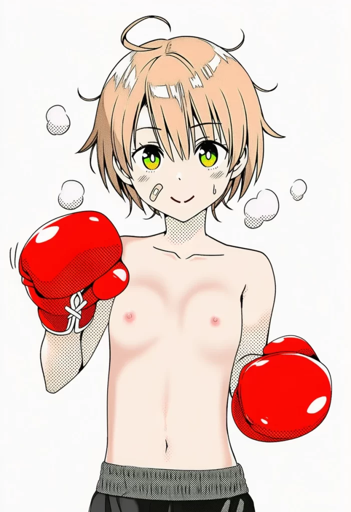 日向寺りり: boxing style, trunks, topless, red boxing gloves, bandage o