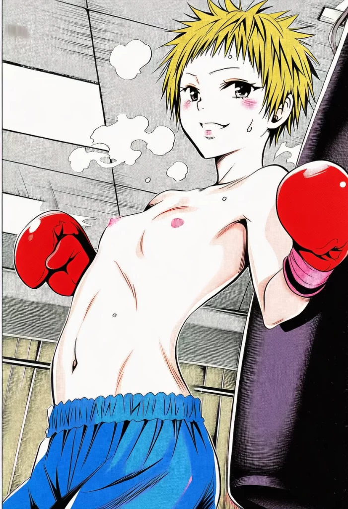 速水ジュン: boxing style, trunks, topless, red boxing gloves, bandage o