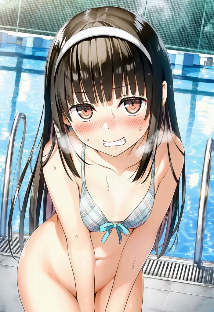 氷室みゆ: a girl, pool, bikini, bottomless, head tilt, stands beside a