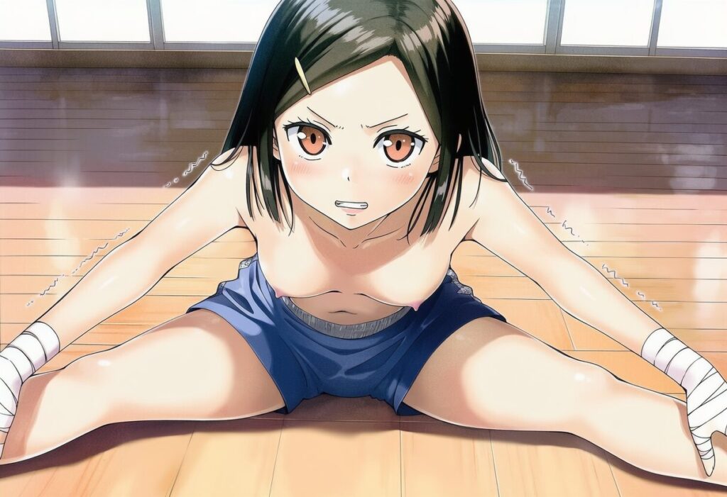 五月女さな: boxing style, trunks, topless, nipples, white bandage on he