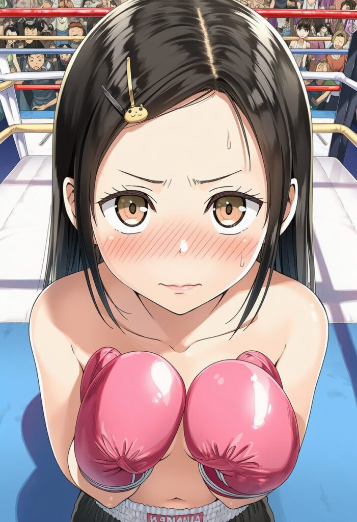 五月女さな: boxing style, trunks, topless, cross her gloves on her chest