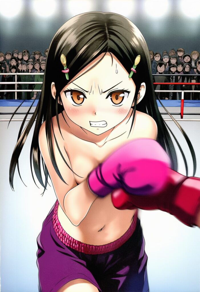 五月女さな: boxing style, trunks, topless, pink gloves, {{{{{{{She crouc