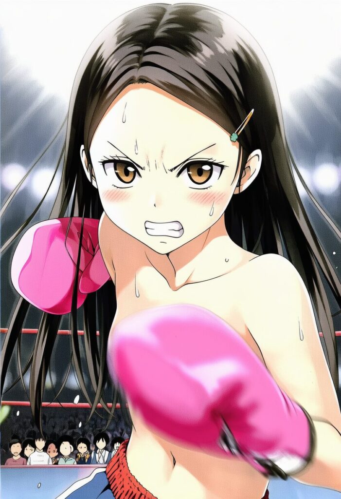 五月女さな: boxing style, trunks, topless, pink gloves, {{{{{{{She is a