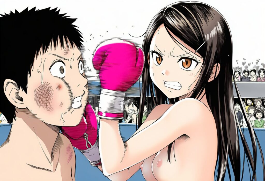 五月女さな: boxing style, trunks, topless, pink gloves, She is a boxer.