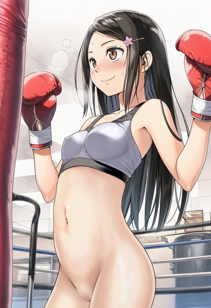 五月女さな: a girl, solo, bottomless, boxing style, in a gym, super emba