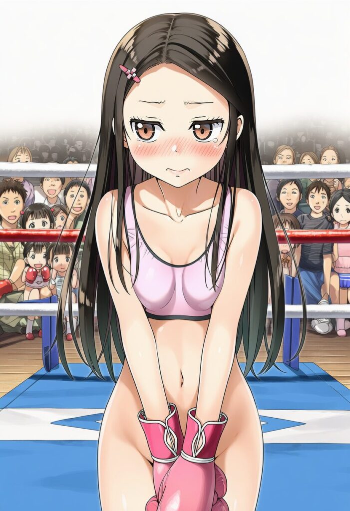 五月女さな: boxing style, sporty bra, bottomless, her gloves between her