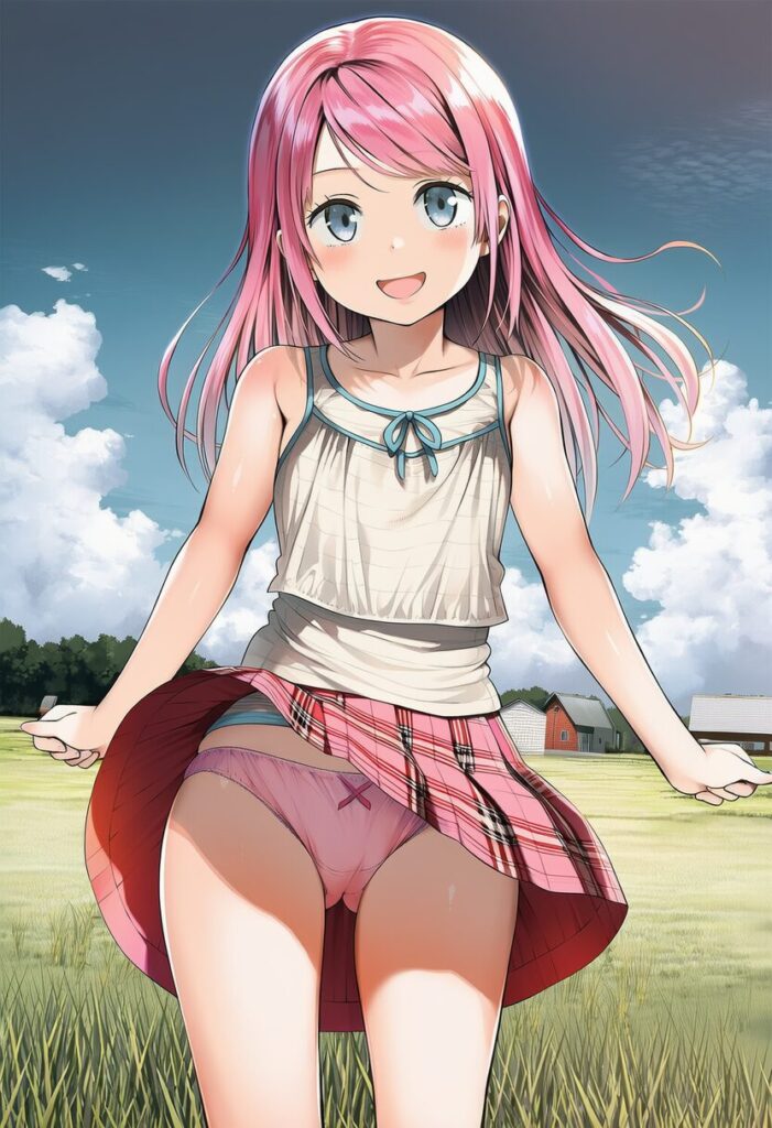 明日香あまね: a girl, grass land, having fun, wind blow up her skirt , pan