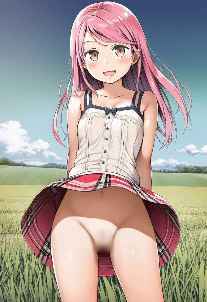 明日香あまね: a girl, grass land, having fun, wind blow up her skirt , sm
