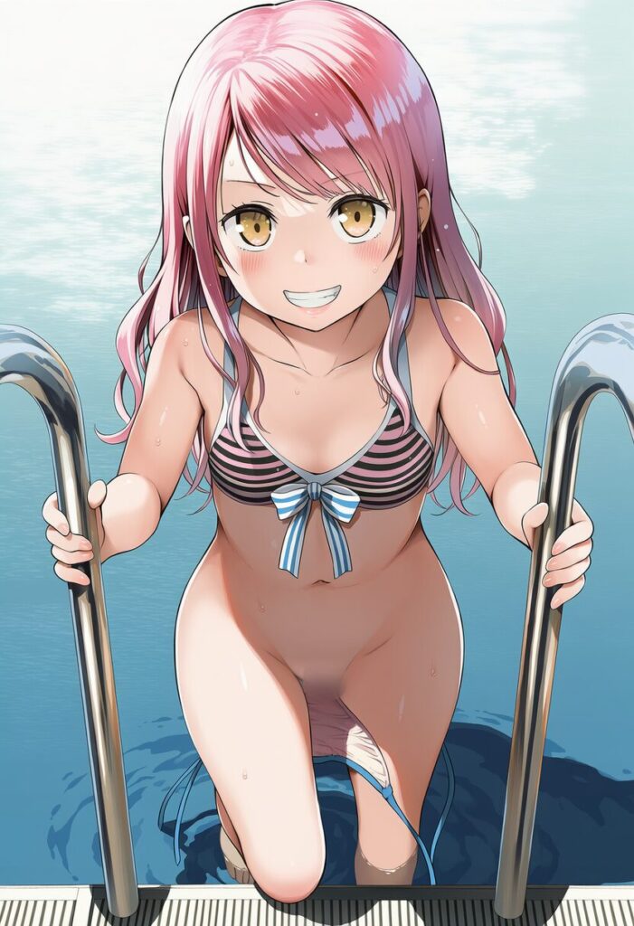 明日香あまね: a girl, pool, swim cap, she grabs ladder steps poles, knee u