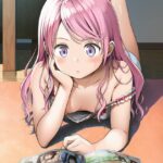 明日香あまね: a girl, reading a comic book, lies down on the floor, on a c