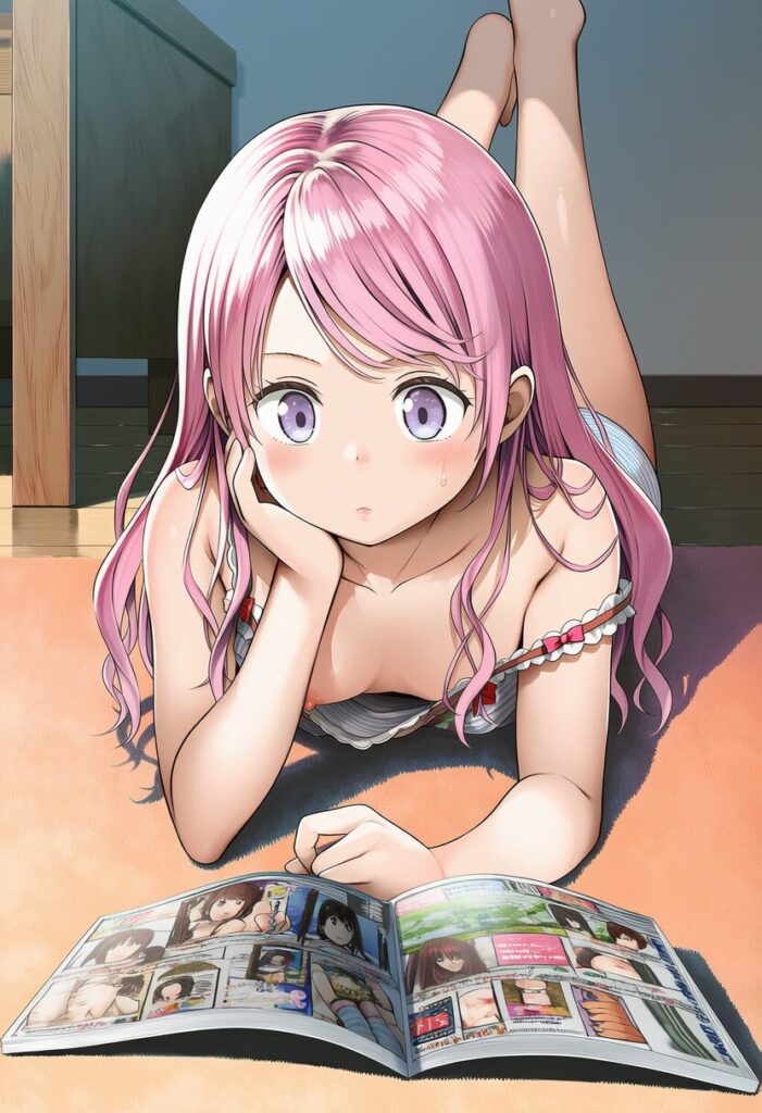 明日香あまね: a girl, reading a comic book, lies down on the floor, on a c
