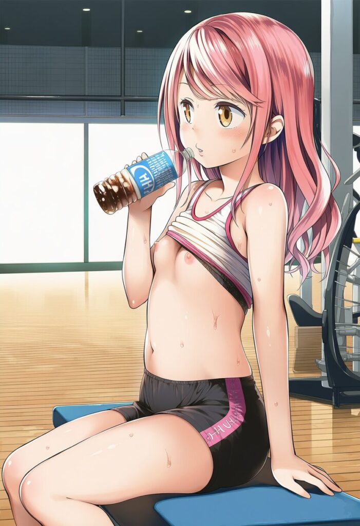 明日香あまね: a girl, gym wear, sporty bra, sitting on a bench, sweating,