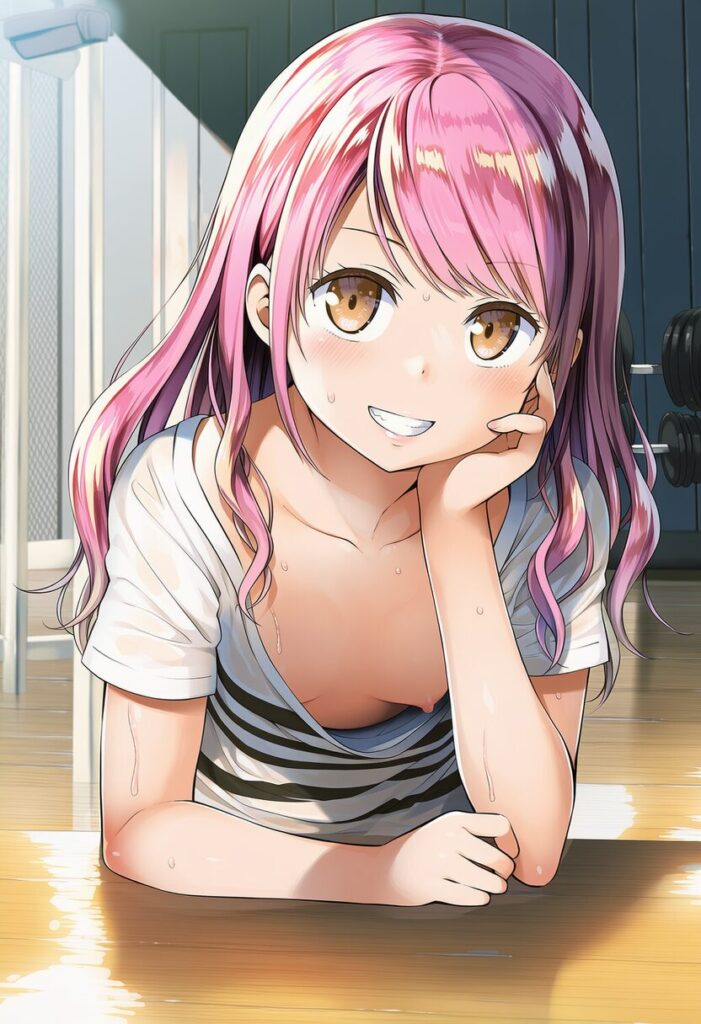 明日香あまね: a girl, , in a gym, white T-shirts, nip slip, leaning forwar