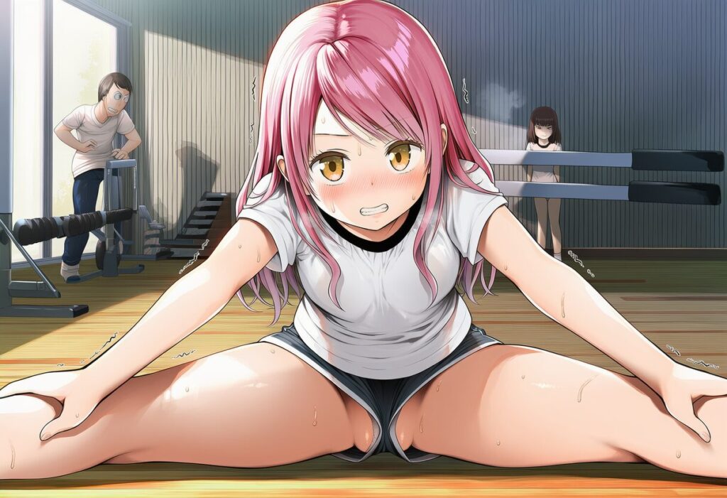 明日香あまね: a girl, , in a gym, sitting on a mat, stretching, open her l