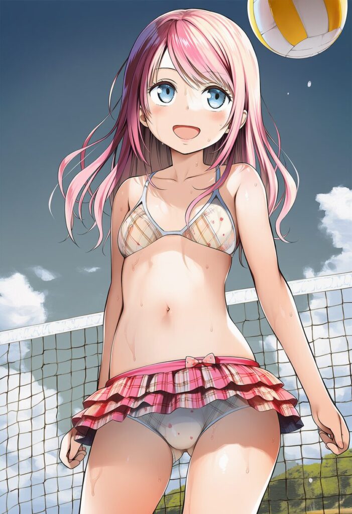明日香あまね: a girl, Beach volleyball, untied bikini bra, nipples, jumpin