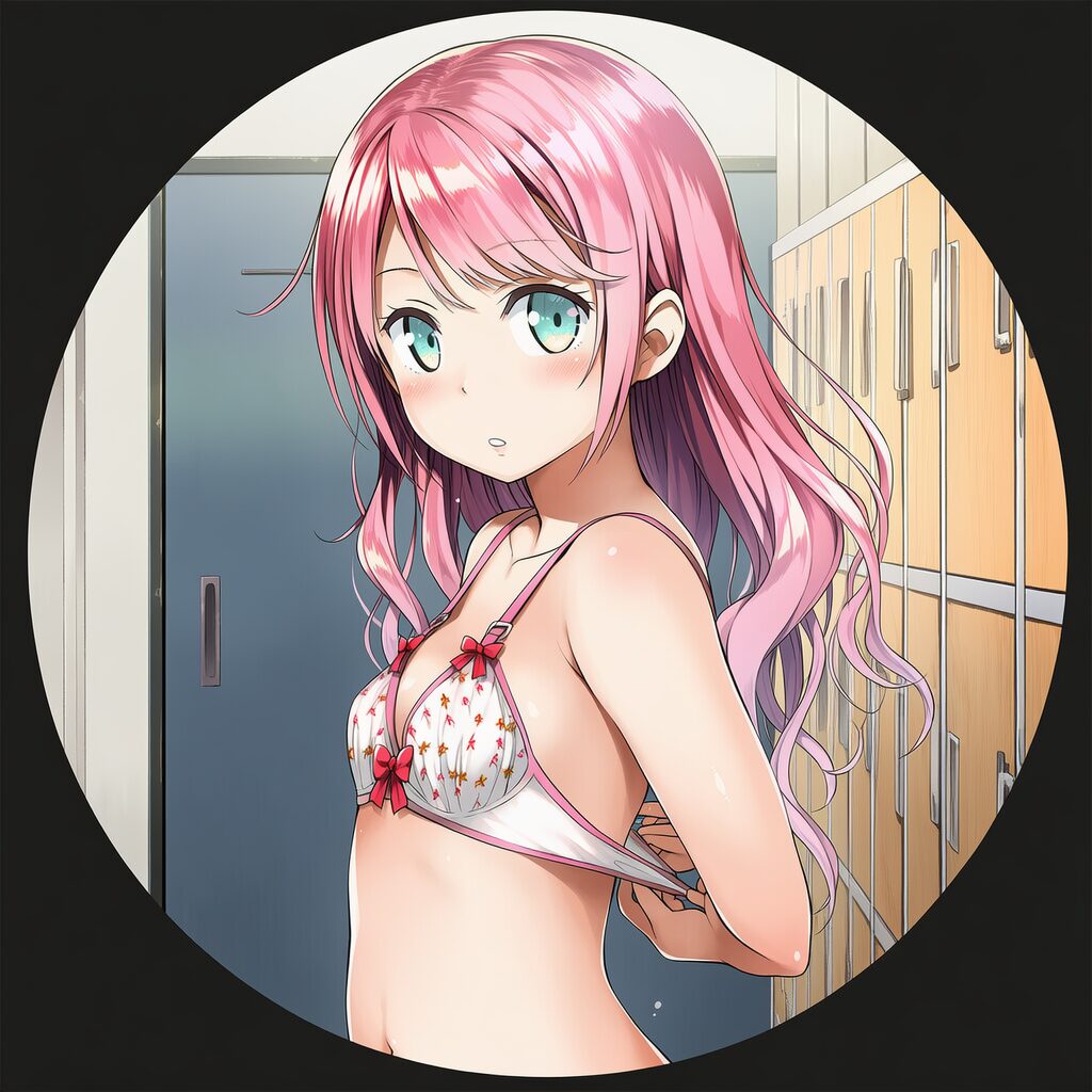 明日香あまね: a girl, locker room, through round peeping hole(she doesn't