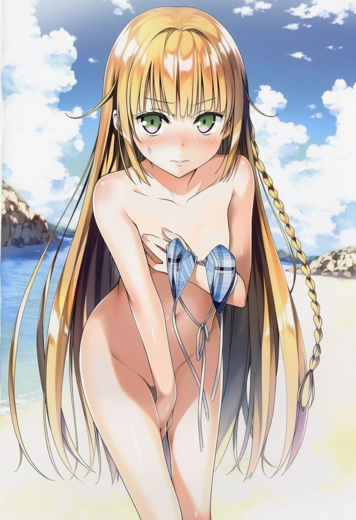 御陵あやめ: a girl, beach, nude, nsfw, hide her chest by her left hand,