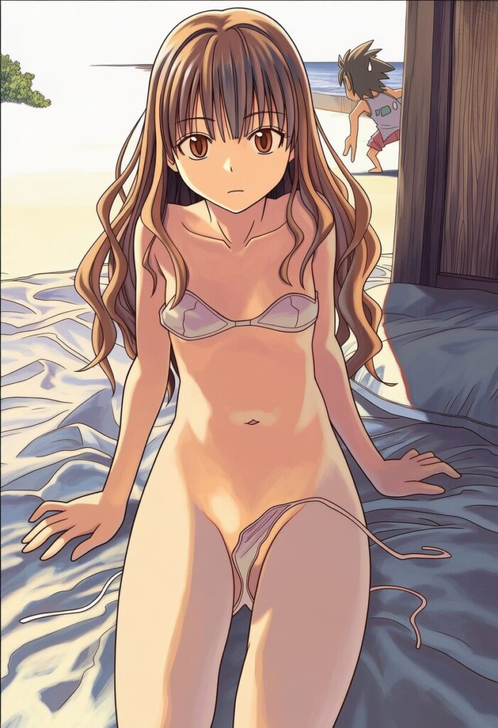 羽井あやね: a girl, sleeping, on a beach, closed eyes, nip slip, nipple,