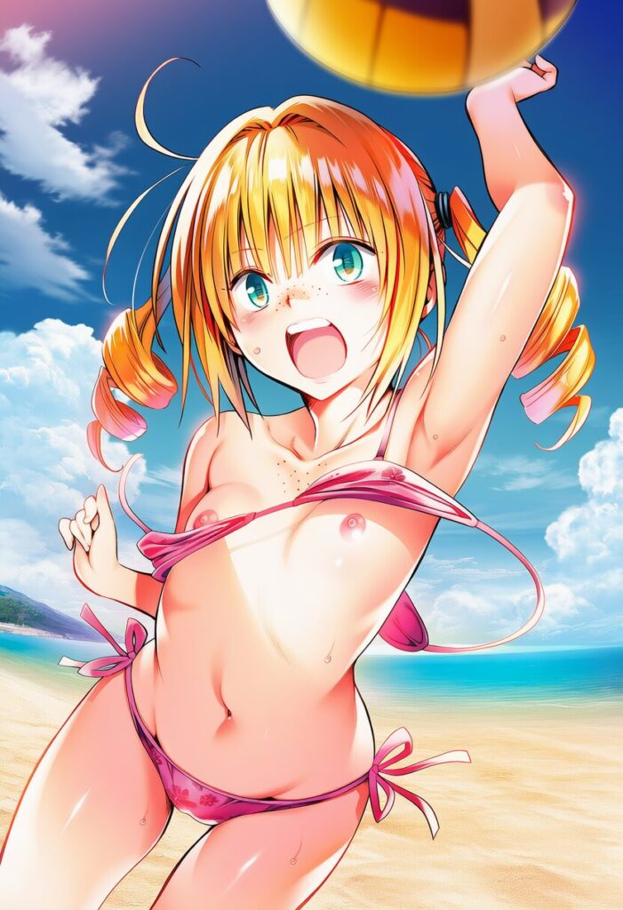 朝凪くるり: a girl, playing beach volleyball, sky, cloud, jumping, bikin