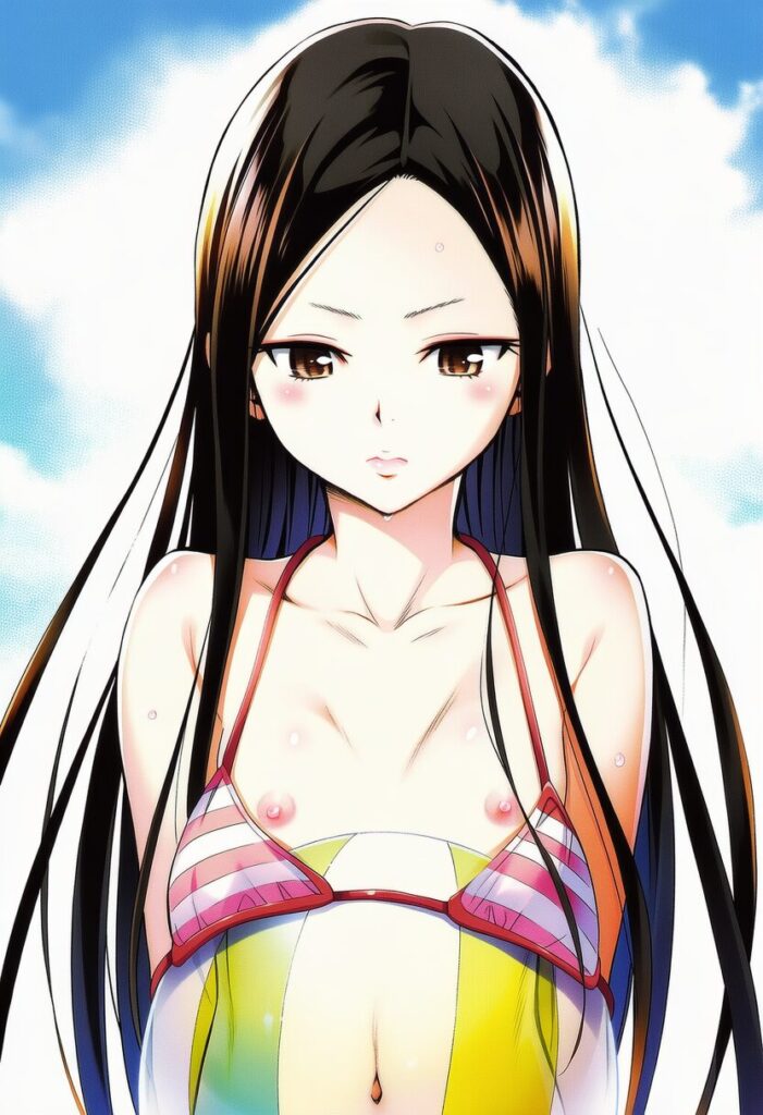 祈守ゆずは: a girl, Beach volleyball, untied bikini bra, nipples, jumpin
