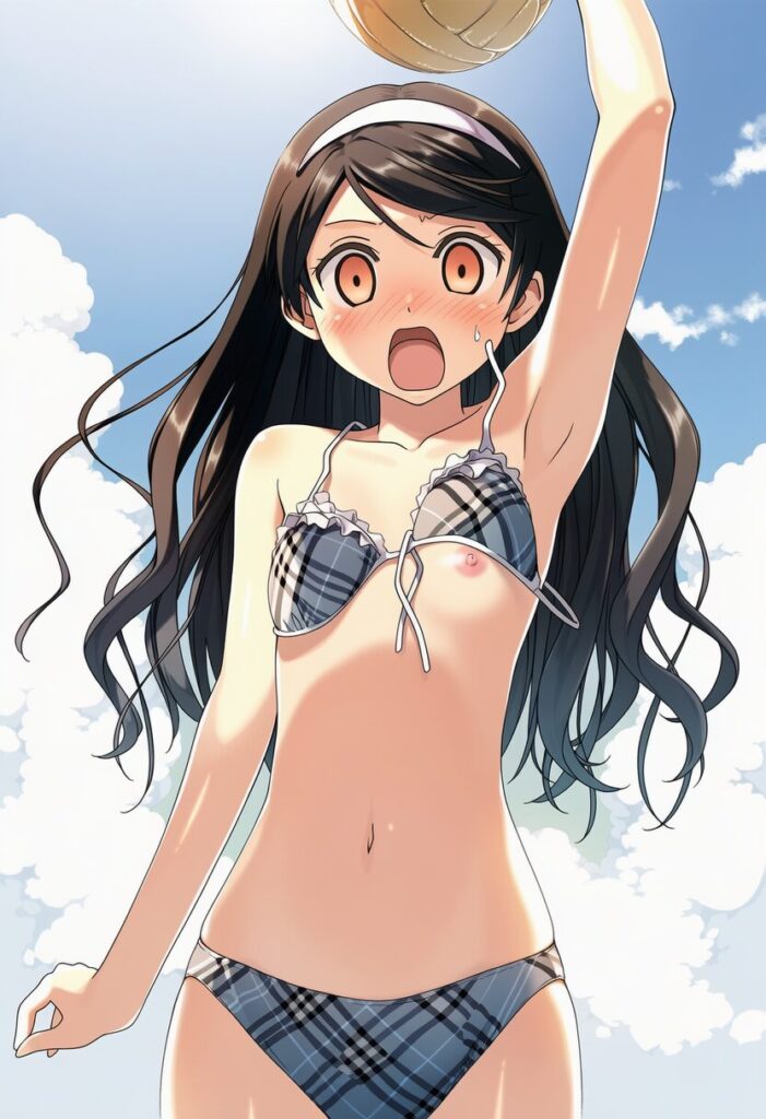 朝霧ことは: a girl, playing beach volleyball, sky, cloud, jumping, bikin