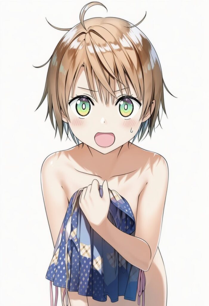 日向寺りり: a girl, beach, nude, nsfw, hide her chest by her left hand,