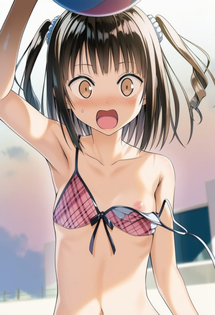 鞠瀬（まりせ） くるみ: a girl, playing beach volleyball, sky, cloud, jumping, bikin