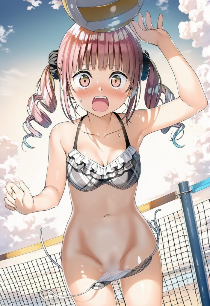 雲母ももか: a girl, playing beach volleyball, sky, cloud, jumping, bikin