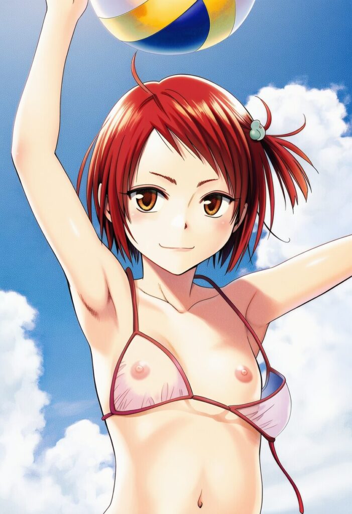 夏霧あかね: a girl, Beach volleyball, untied bikini bra, nipples, jumpin