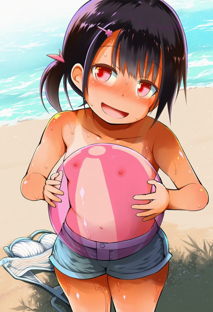 根岸めぐ: a girl, beach, she holds a large Transparent and pink stripe