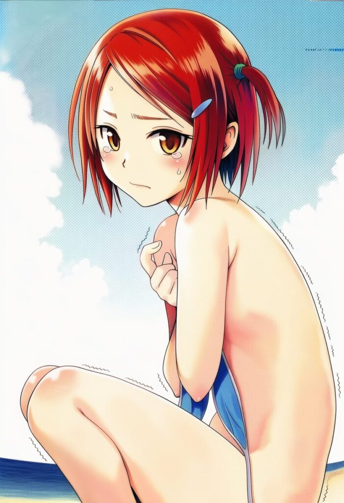 夏霧あかね: a girl, beach, untied bikini on the sand, sky, nude, nsfw, s