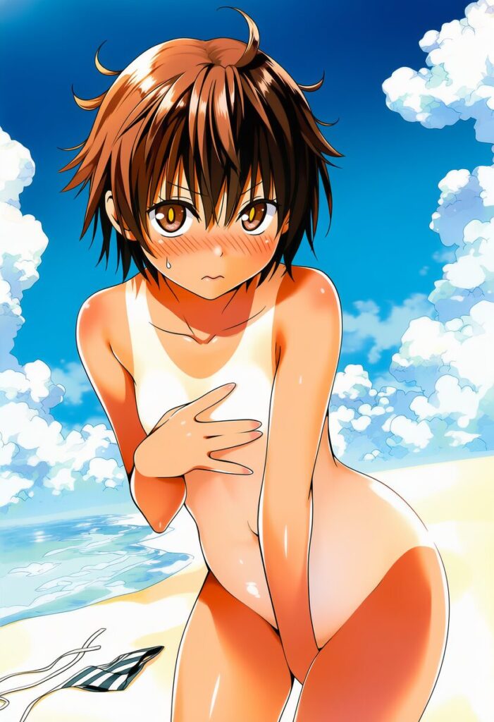 神代あかね: a girl, beach, nude, nsfw, hide her chest by her left hand,