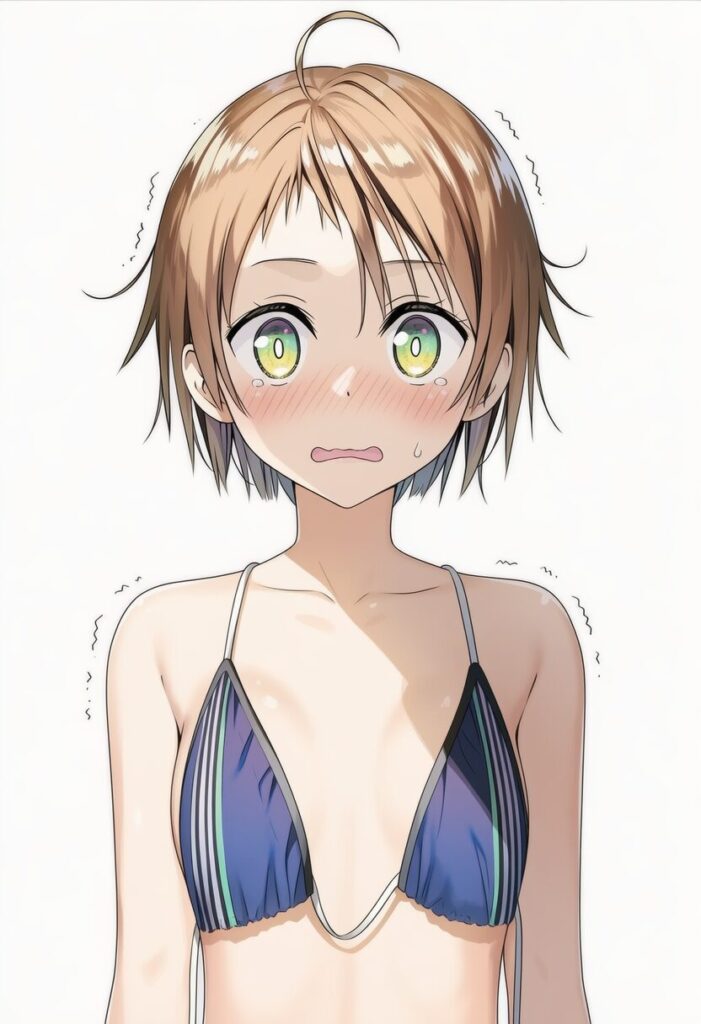 日向寺りり: a girl, beach, untied bikini on the sand, sky, nude, nsfw, s