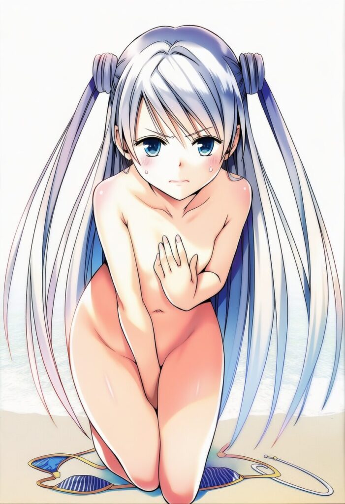 アナスタシア・ペトロワ: a girl, beach, nude, nsfw, hide her chest by her left hand,