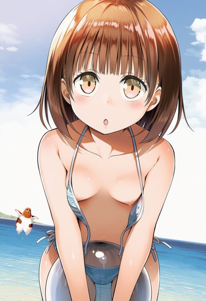 空井める: a girl, Beach volleyball, untied bikini bra, nipples, jumpin