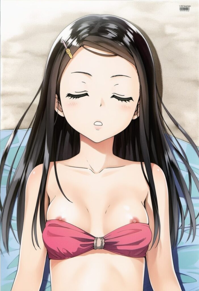 五月女さな: a girl, {{{{{{sleeping}}}}}}, on a beach, {{{{{{closed eyes}