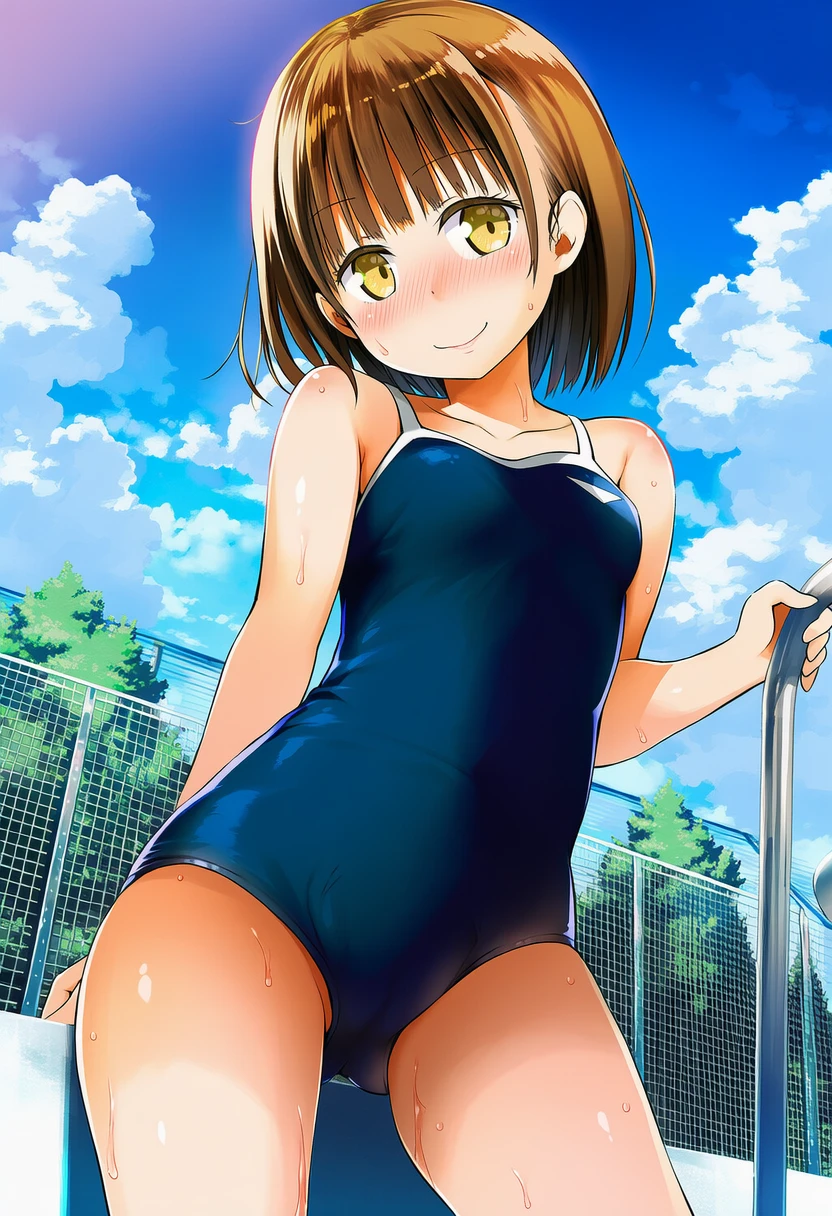 プールサイドに立つ空井めるはスクール水着きてる