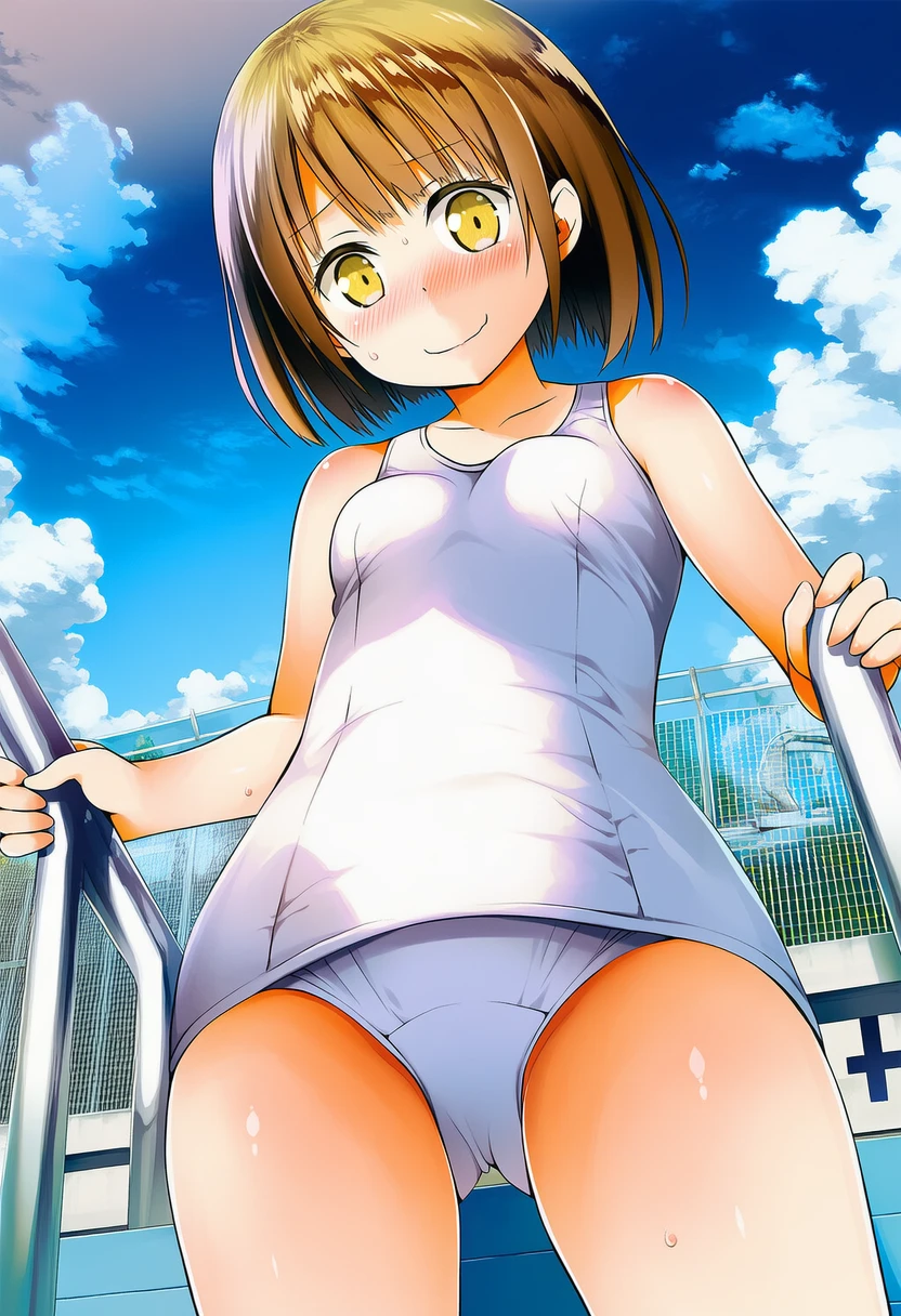 空井めるはしろスク水でプールサイドに立つ